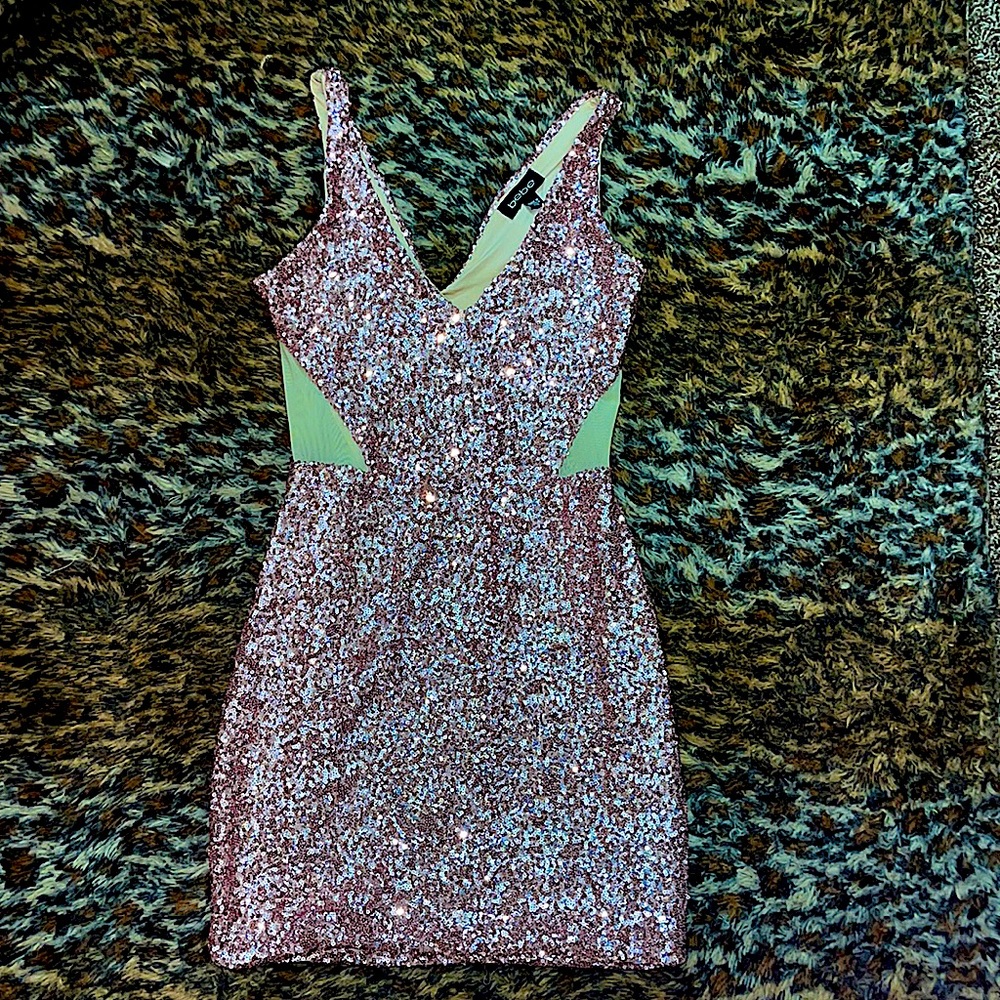 BEBE sequin mesh mini Dress